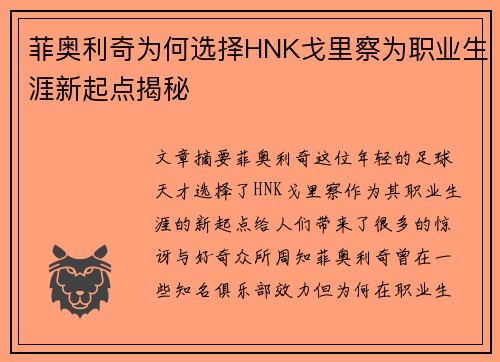 菲奥利奇为何选择HNK戈里察为职业生涯新起点揭秘